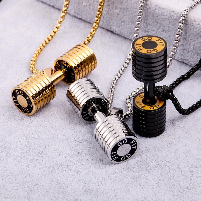 JAJAFOOK Men's Dumbbell Pendant Necklace, Solid 316L Stainless Steel, Fitness Bodybuilding Gym Jewelry, Sweat-Resistant Workout Accessory with 24 Inch Chain Black - Image 4